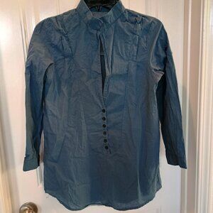 Women Small Tunic Top Deep V-Neck Buttons Navy Adj Roll Up Sleeve Cotton Minimal